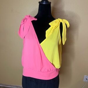 New York & Company Pink and Yellow Blouse with Bow Accents